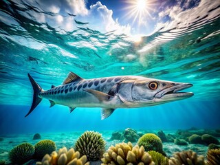 Gracefully swimming, a magnificent large barracuda navigates the pristine tropical waters of the ocean, captivating