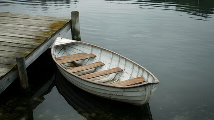 Naklejka premium A small wooden dinghy tied to an old wooden dock with the waters surface rippling gently in the breeze.