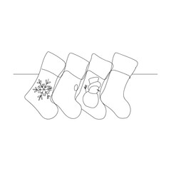 Dessin en ligne continue de chaussettes de noël, line art, vecteur