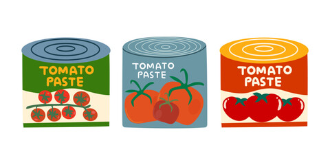 Canned food with tomatoes in different banks. Tomato paste tin can flat icons. Tomato paste for pizza and pasta. Retro сanned products poster