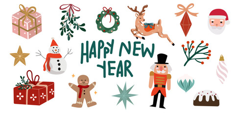 Merry Christmas and Happy New Year vector flat elements in retro style. Winter holiday. Traditional Christmas tree decorations, gift box and toys. Attributes of the New Year holiday