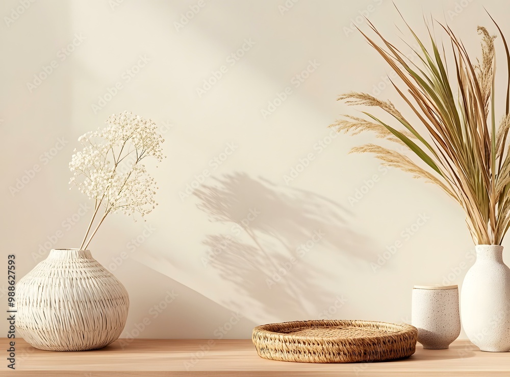 Poster Minimalist Home Decor with White Vase, Dried Flowers, and a Woven Tray