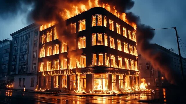 A building is on fire and the fire is spreading to other buildings. The fire is very large and is causing a lot of damage