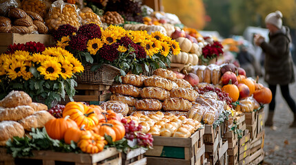 Farmers' Market with Baked Goods and Autumn Flowers