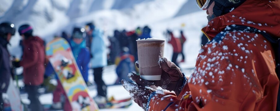 A snowboarding camp in the mountains, with participants enjoying a hot chocolate break in between runs