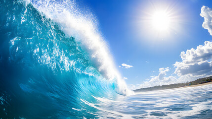 A surfers paradise with large waves rolling in under a clear sunny sky.