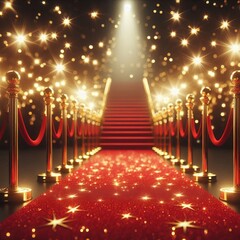 Red carpet on stage illuminated by bright spotlight and lights and stairs creating an elegant atmosphere