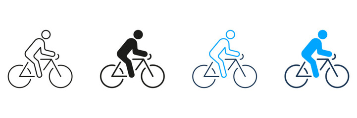 Cyclist on Bike Line and Silhouette Icon Set. Man on Mountain Bicycle Pictogram. Professional Rider on Cycle Sport Race Symbol. Outdoor Activity Sign. Editable Stroke. Isolated Vector Illustration