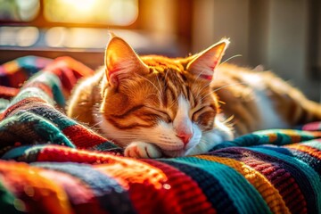 In a sunlit room, a charming feline enjoys a blissful nap on a plush blanket, lost in peaceful