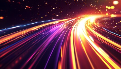 Abstract light speed background with colorful lines and rays of sunlight on a black background