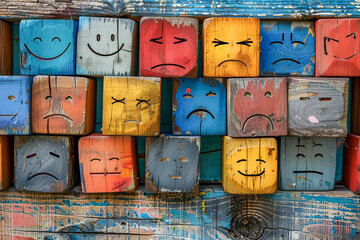 Colorful wooden cubes expressing different emotions hanging on wall