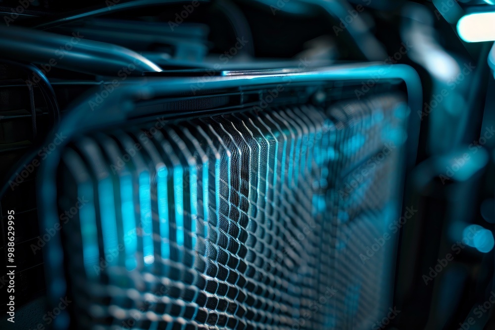 Poster powerful computer processor cooling system with neon lights illuminating the case