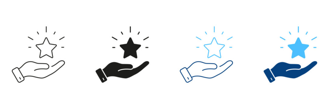 Customer Satisfaction Line and Silhouette Icon Set. Hand With Star, Good Feedback Pictogram. Best Quality Service Symbol. Positive Review Sign. Editable Stroke. Isolated Vector Illustration