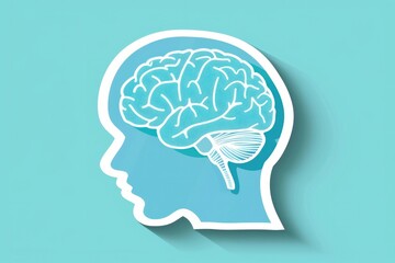 Obraz premium Silhouette of a human head with a brain illustration on a turquoise background