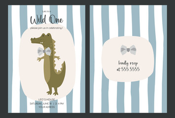 Cute kids crocodile animal. Baby invitation card for birthday party. Funny alligator flat illustration. Vector baby invite design.