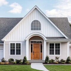 Suburban house with an arched window, white trim, and a wooden front door