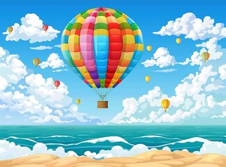 Fototapeta premium Colorful Hot Air Balloon Over Sea with Clouds Illustration