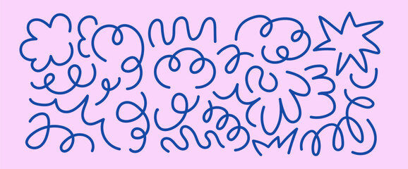 Set of doodle playful scribble. Abstract children background with curve line. Trendy design with basic shapes.