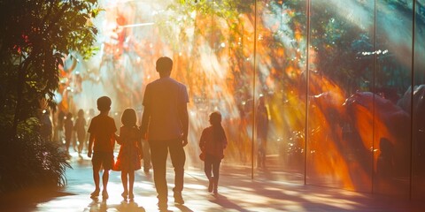 Family enjoying a lively day at the zoo, vibrant animal exhibits creating a joyful atmosphere, soft blurs enhancing the playful scene