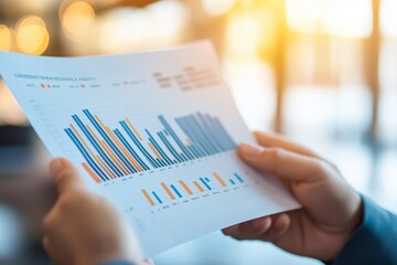 Analyzing financial trends with bar graphs in a bright office environment during late afternoon hours