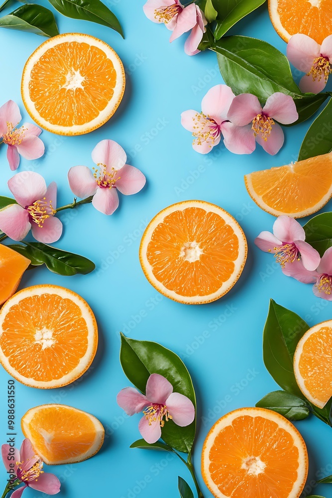 Wall mural fresh orange slices and pink flowers on blue background