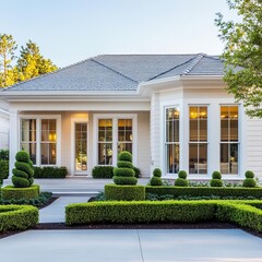 Suburban house with classic bay windows, a slate roof, and manicured topiary plants