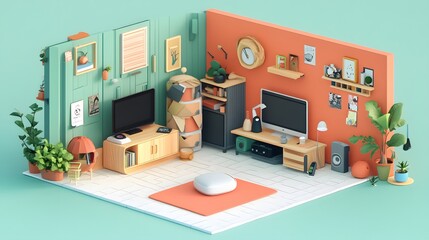 A highly geometric and stylized isometric room, where every object aligns perfectly with 120-degree angles between the axes, creating a balanced and harmonious space 