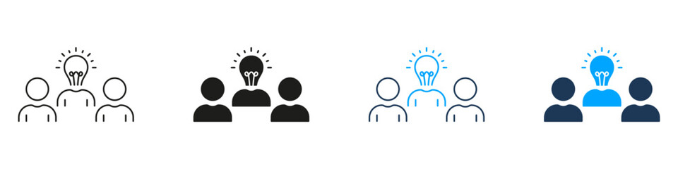 Solution, Idea, Innovation Pictogram. Teamwork, Team and Lightbulb Line and Silhouette Icon Set. Creative Community with Light Bulb Symbol. Editable Stroke. Isolated Vector Illustration