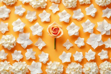Single Peach Rose Centered Among Delicate White Hydrangea Flowers on Vibrant Orange Background
