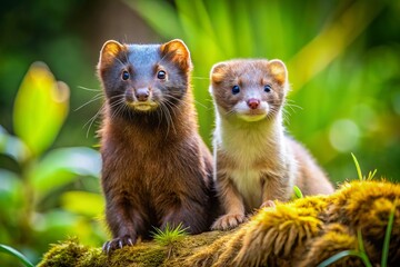 Obraz premium In their natural habitat, a glossy mink and a curious weasel exhibit the rich tapestry of wildlife diversity,