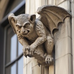 An ornate gothic gargoyle with winged details on the facade of a stunning ancient architecture