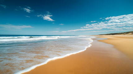 Obraz premium A vast sandy beach with gentle waves lapping against the shore under a vibrant blue sky.