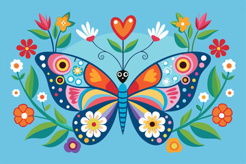 A butterfly showcases its bright wings surrounded by whimsical hearts and flowers, Butterfly with hearts and flowers.