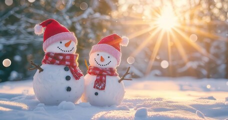 Cheerful Snowmen with Red Hats in Sunny Winter Wonderland