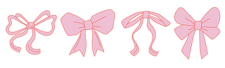 Set of pink retro bow. Whimsical blue drawn bow tie on white background. Design elements. Symbol wedding celebration and birthday party decorations