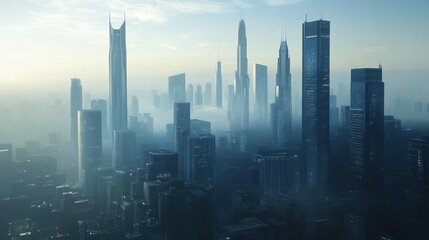 Obraz premium Majestic Skyline of a Modern Metropolis Shrouded in Mist
