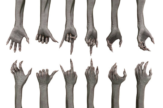 Collection of hands of zombies in various poses and angles for halloween