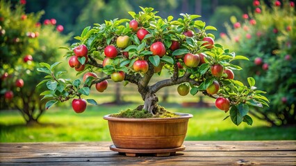 Lush bonsai tree featuring vibrant green foliage and bright red apples, elegantly presented in a decorative pot on