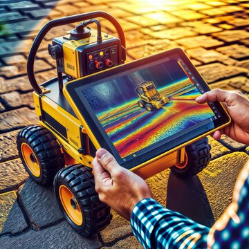 Ground Penetrating Radar Analysis. The image shows a handheld device controlling a ground-penetrating radar (GPR) robot, visualizing underground structures via a colorful thermal map on a tablet.