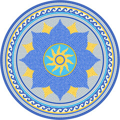 Obraz premium Circular mosaic tile with stylized blue sunflower in ukranian style . For ceramics, tiles, ornaments, backgrounds and other projects. 