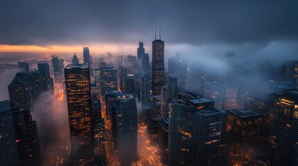 Fototapeta premium Misty Metropolis: Illuminating the Urban Skyline at Dusk