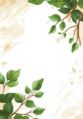 Obraz premium Green Leaves on White Background with Beige Watercolor Splashes