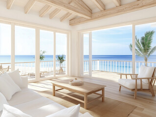Fototapeta premium Modern summer holiday or vacation wooden beach house living room interior with rustic luxury sofas, tables and decoration