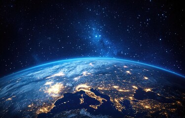 Planet Earth with lights on, glowing stars.