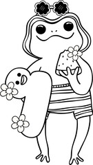 Retro Frog Summer Beach Vibe Clipart Set Groovy Doodle Coloring Page with Bold Line