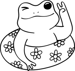 Retro Frog Summer Beach Vibe Clipart Set Groovy Doodle Coloring Page with Bold Line