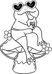 Retro Frog Summer Beach Vibe Clipart Set Groovy Doodle Coloring Page with Bold Line