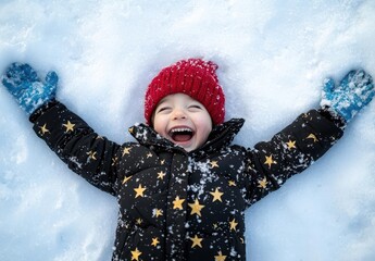 Joyful Child Playing in Snow with Red Hat and Star Jacket