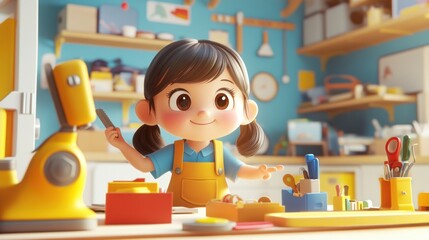 A cheerful child in a workshop, engaged in crafting with various tools and materials.
