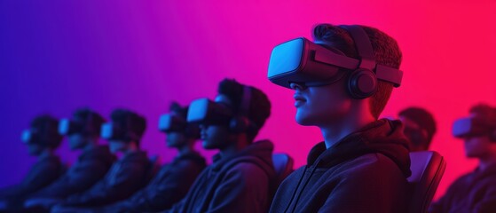 People experiencing virtual reality in a colorful environment.